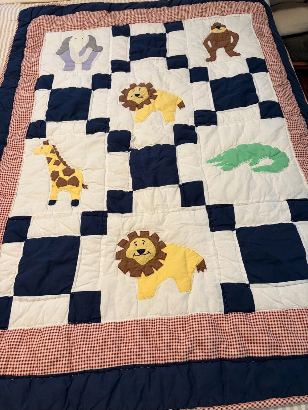 Nursery Animal Patchwork Comforter - Navy, White, Yellow, Green